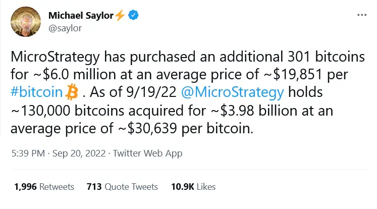 MicroStrategy Incorporated purchased an additional 301 BTC Michael Saylor Tweet on 20 September 2022